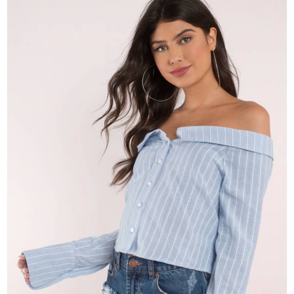 Off the shoulder striped button down